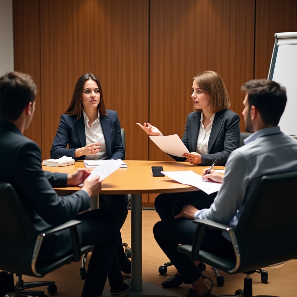 Gruppo di giovani neolaureati in discussione su percorsi professionali